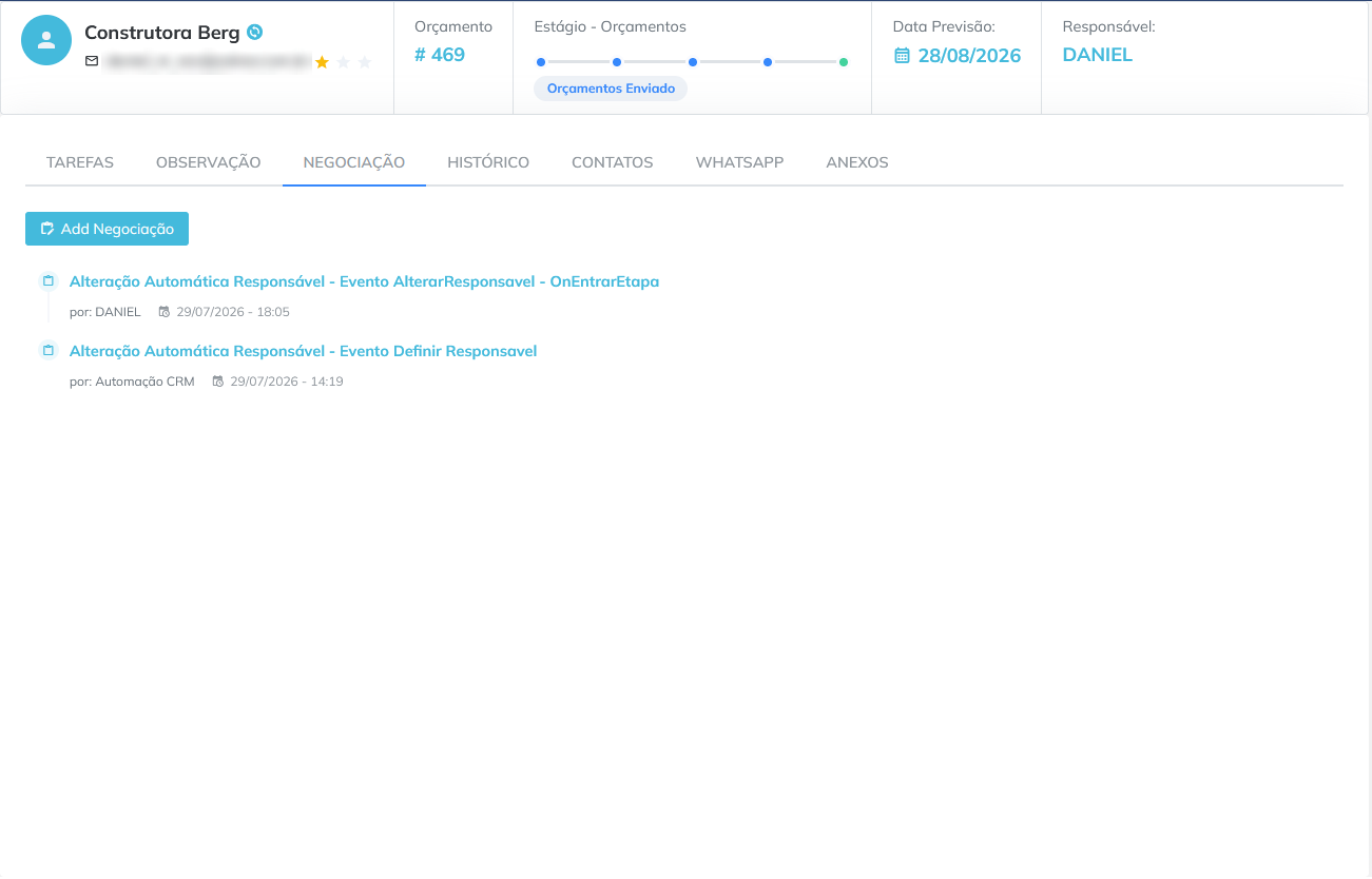 Aba Negociação da ficha do lead: registros de negociação com autor e data, incluindo alterações automáticas de responsável.