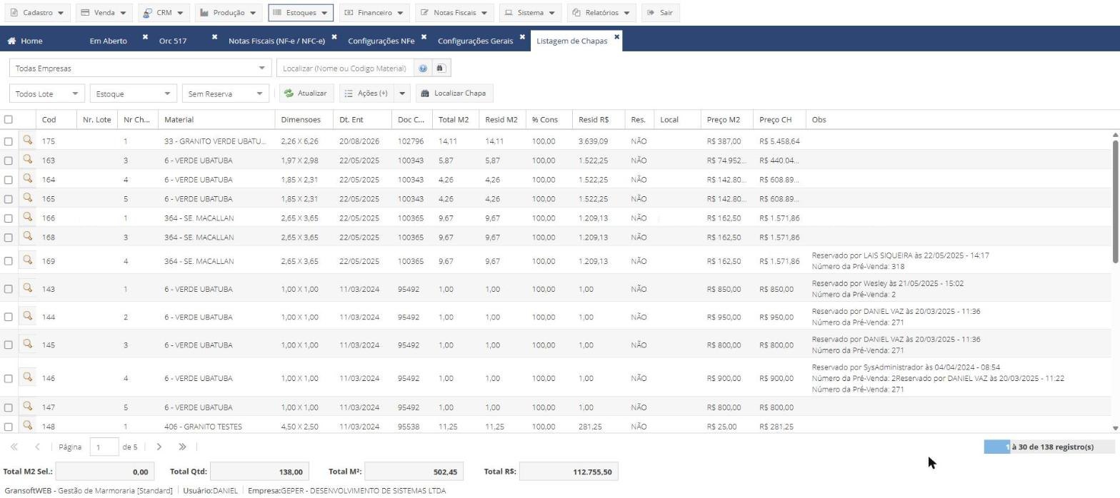 Listagem de chapas do GransoftWeb com dimensões, m², resíduo, reserva e preço por chapa