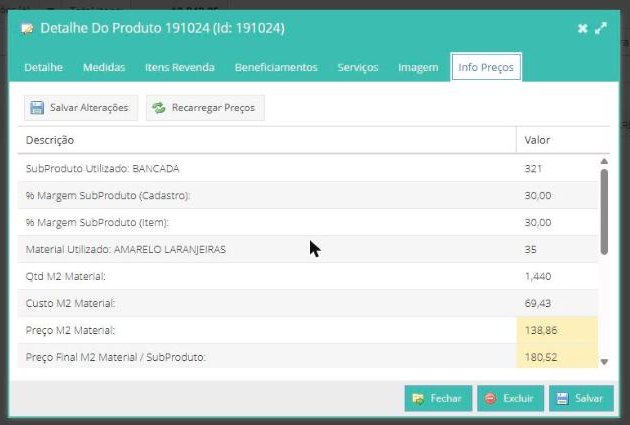 Aba Info Preços do GransoftWeb com custo do m², margem e preço final