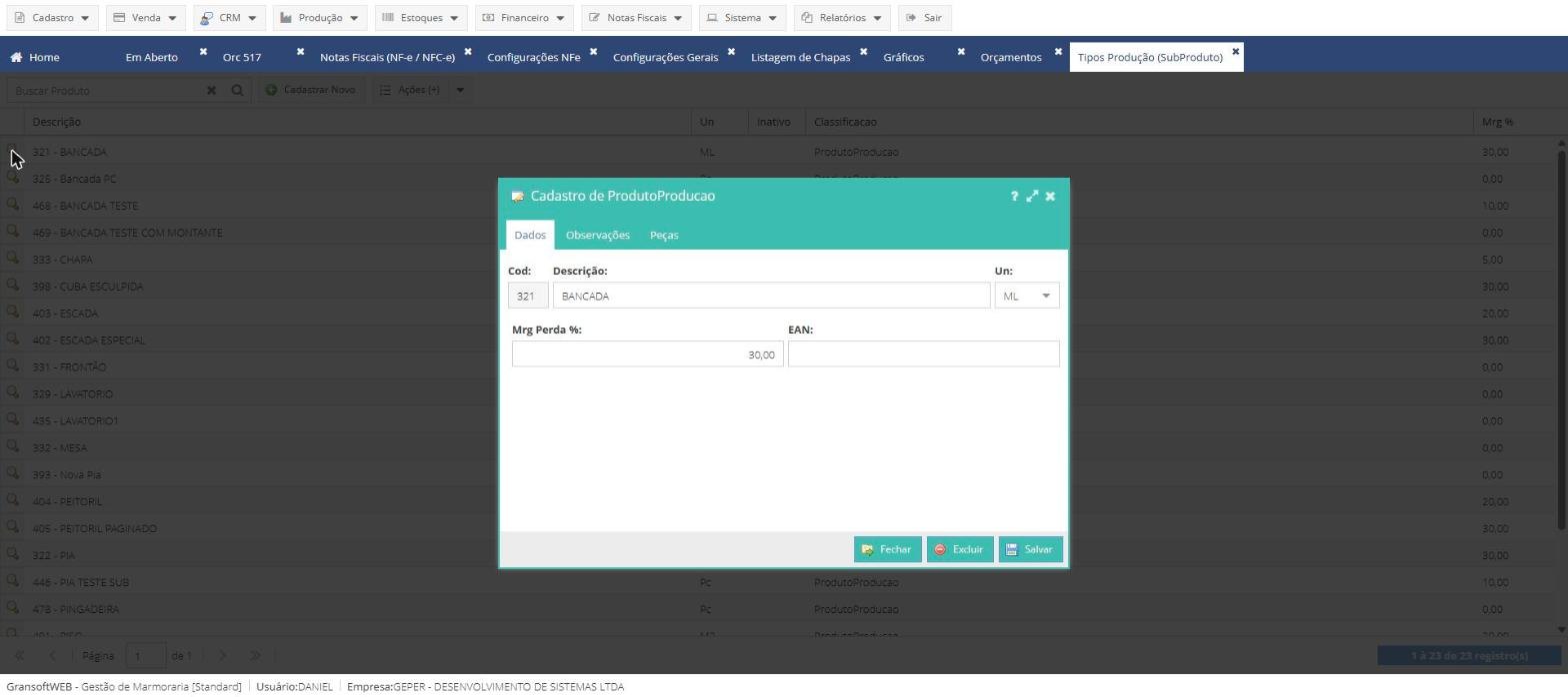 Lista de tipos de produção (subprodutos) do GransoftWeb com a margem de perda de cada tipo de peça e o cadastro da bancada com 30% de perda