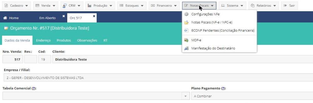 Menu Notas Fiscais do GransoftWeb com Configurações NFe, Notas Fiscais NF-e e NFC-e, ECONF pendentes, MDF-e e Manifestação do Destinatário