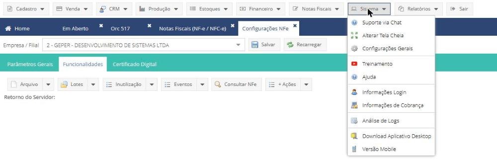 Menu Sistema do GransoftWeb com Suporte via Chat, Treinamento, Ajuda, Download Aplicativo Desktop e Versão Mobile