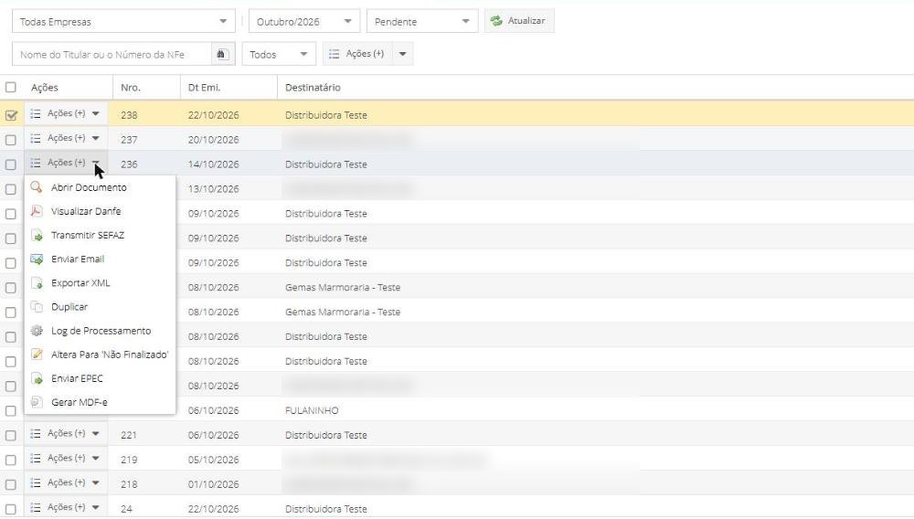 Menu de ações de uma nota fiscal no GransoftWeb: abrir documento, visualizar DANFE, transmitir SEFAZ, enviar e-mail, exportar XML, duplicar, log, EPEC e gerar MDF-e