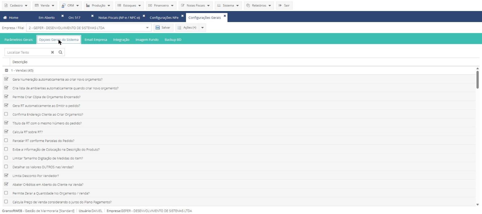 Opções gerais do GransoftWeb com opções de vendas parametrizáveis