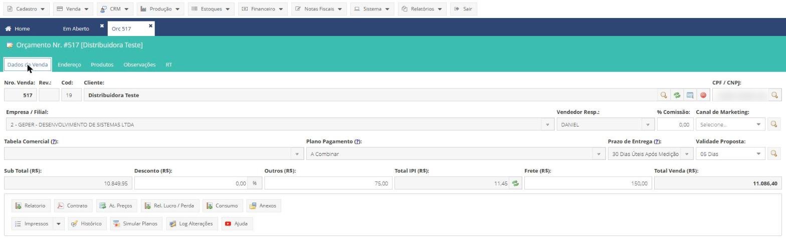 Orçamento do GransoftWeb com botões de relatório, contrato, atualização de preços, lucro/perda, consumo, anexos, simulação de planos e gerar pedido