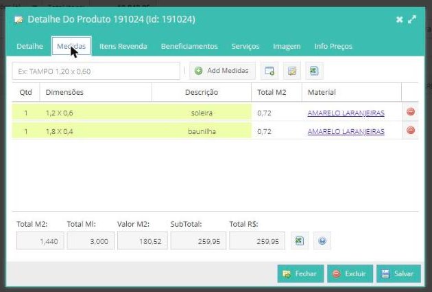 Aba Medidas do GransoftWeb com peças, total em m², metro linear e valor do m²
