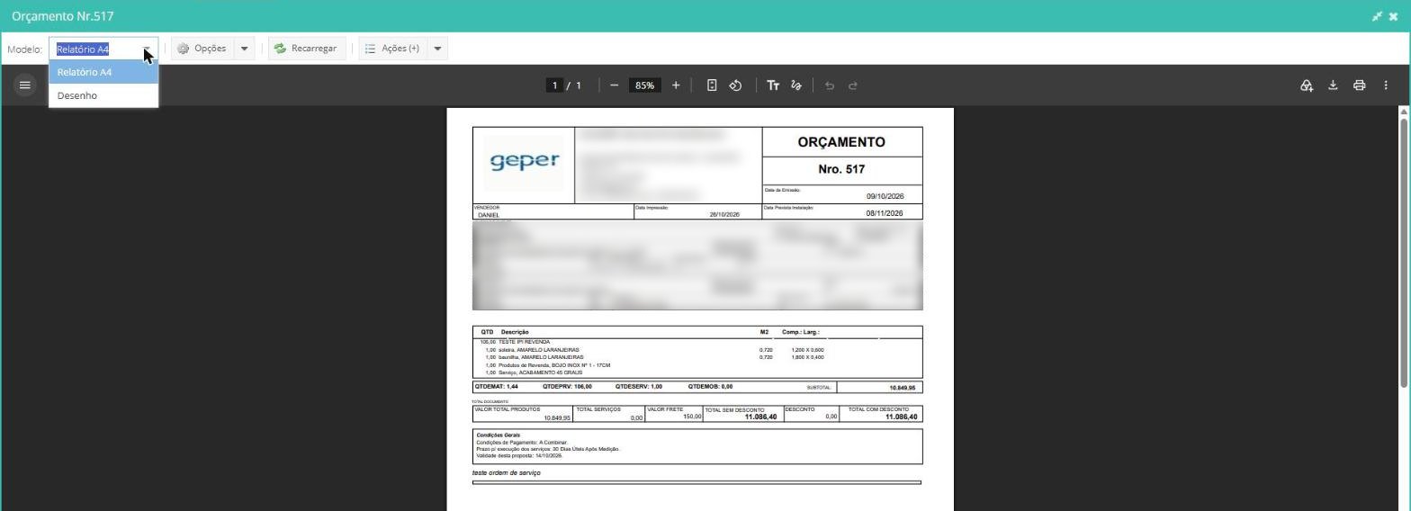 Proposta de orçamento em PDF gerada pelo GransoftWeb com logotipo, dados da empresa, itens com medidas e m², totais e condições gerais