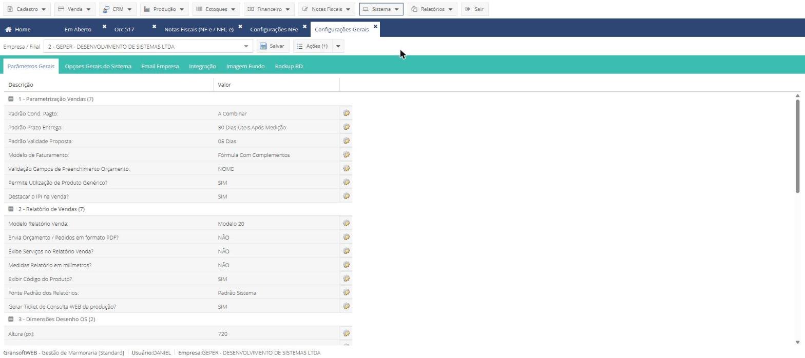 Configurações gerais do GransoftWeb com parametrização de vendas, relatórios, desenho da OS, produção e financeiro/fiscal