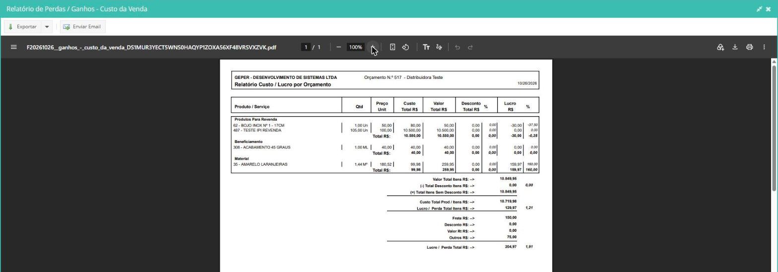 Relatório de custo e lucro do orçamento no GransoftWeb