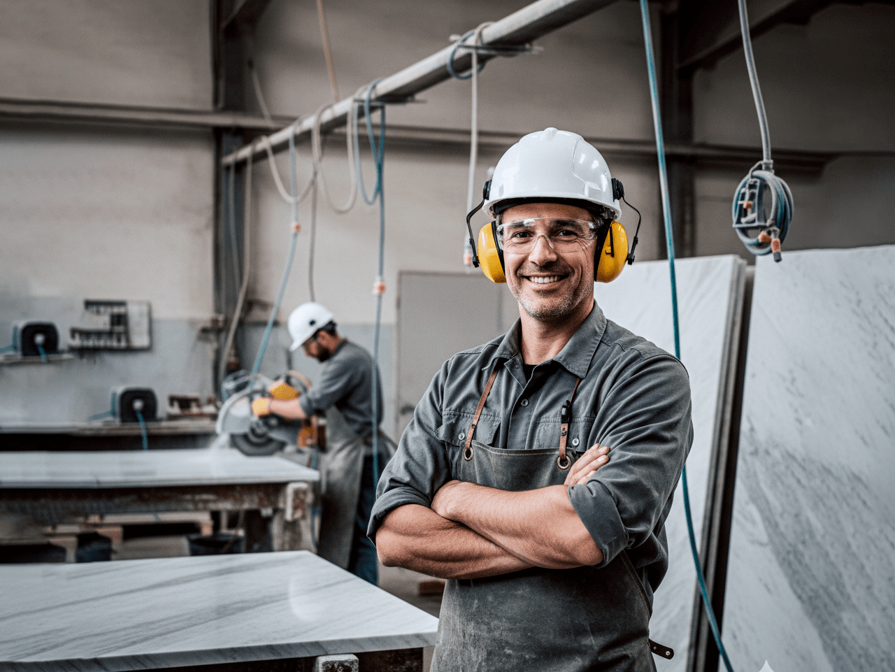 Marmorista com equipamentos de proteção na área de produção de uma marmoraria