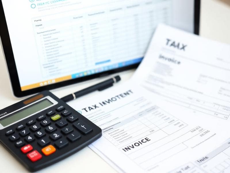Calculadora e notas fiscais impressas ao lado de um monitor