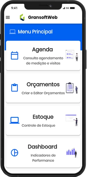 Menu principal do app GransoftWeb com as opções Agenda, Orçamentos, Estoque e Dashboard.