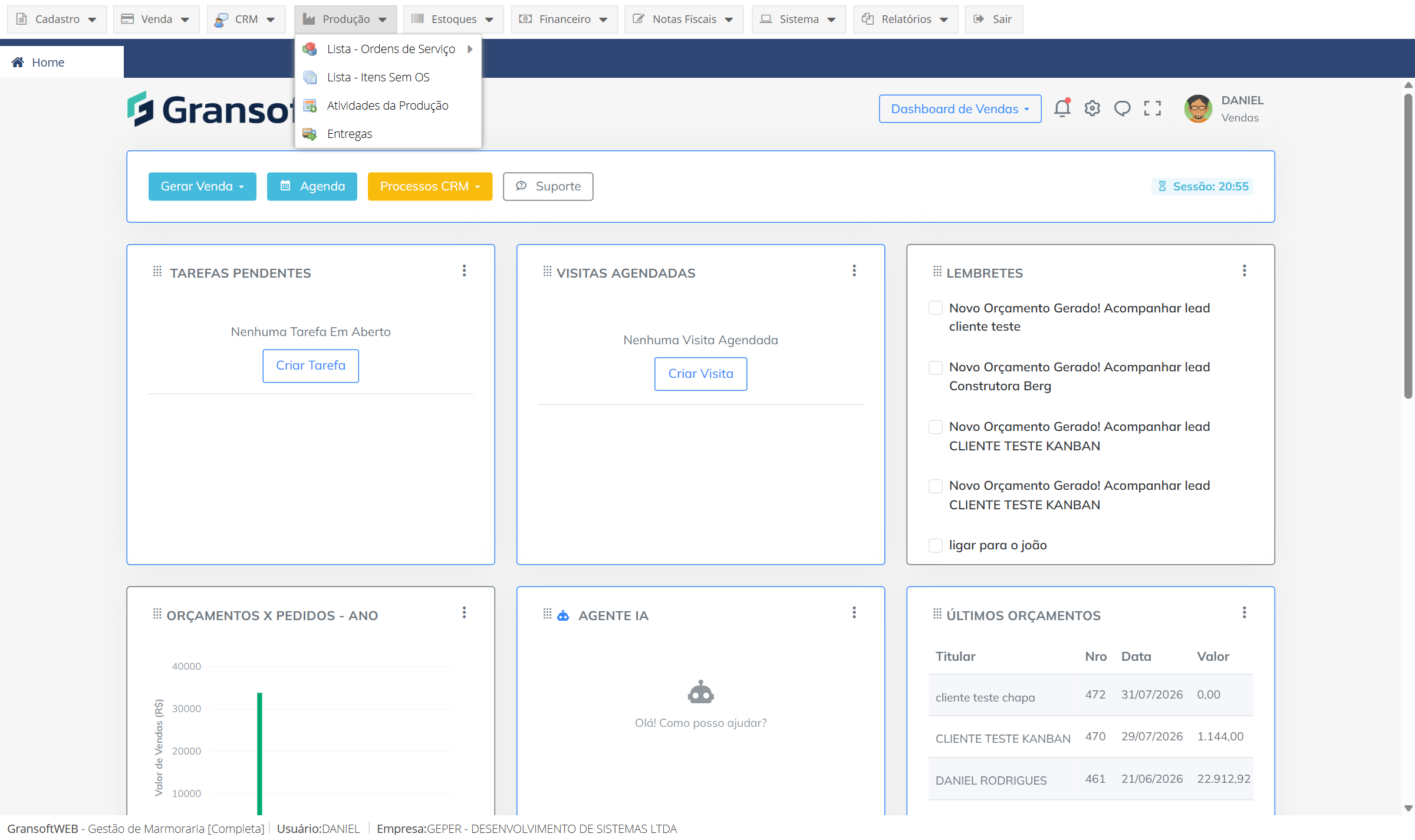 Menu Produção aberto com a opção Lista - Ordens de Serviço