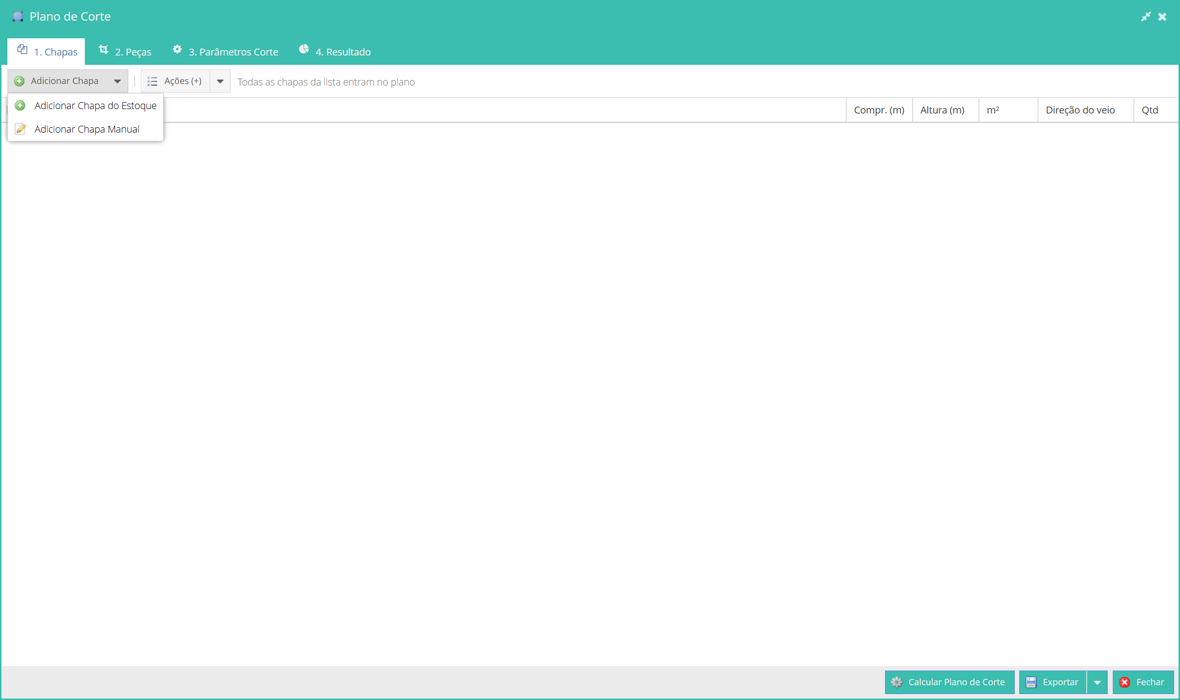 Menu Adicionar Chapa com as opções do estoque e manual